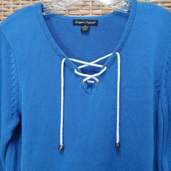 Designers Originals Sweater Medium Blue Drawstring V Neck Long Sleeve Cozy Comfy - Picture 3 of 9